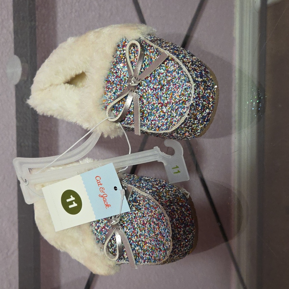 Cat and Jack Glitter Moccasins size‎ 11  Multicolor bow Slipper Shoe